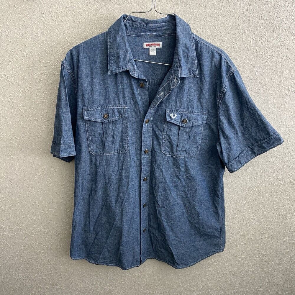 True Religion Mens XL Blue Chambray Utility Short Sleeve Button Shirt